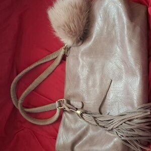 Madison West Tan Shoulder Bag with Tassel and Pom-Pom